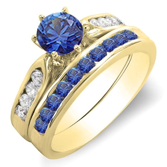 1.00 Carat (ctw) 18k Yellow Gold Round Blue Sapphire & White Diamond Ladies Bridal Engagement Ring Set With Matching Ban