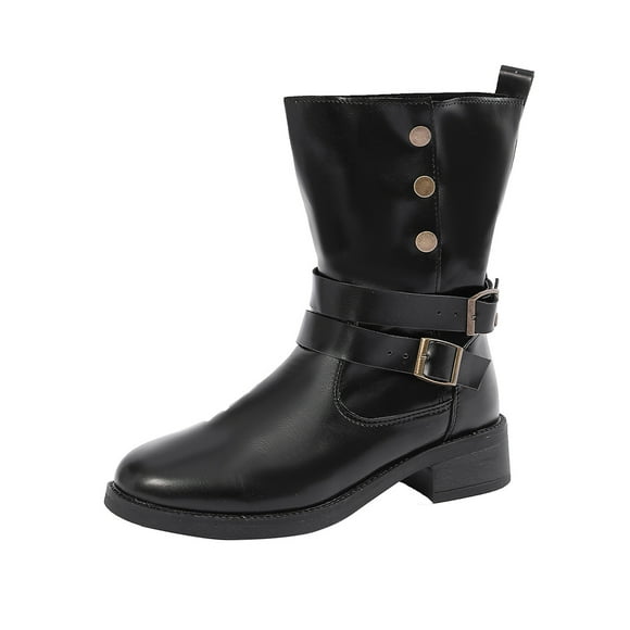 Womens Winter Boots, Casual Solid Color Plus Size Round Toe Belt Buckle Low Heel Mid-Calf Winter Boots, Women's Boots