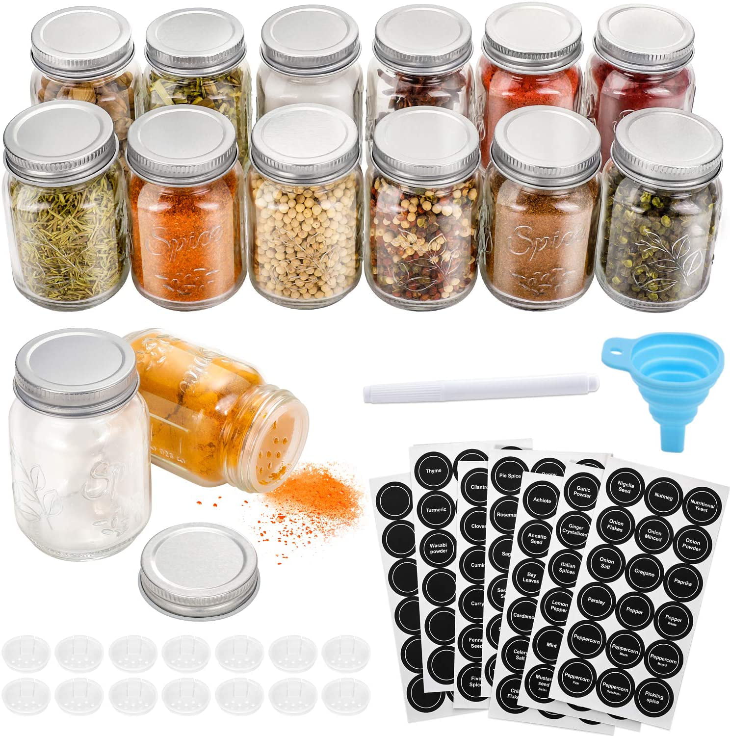 Churboro 36 Spice Jars with 547 Labels- Glass Spice Jars with Black Metal  Caps, 4oz Empty Spice Containers with Shaker Lids, Funnel, Chalk Pen,  Square