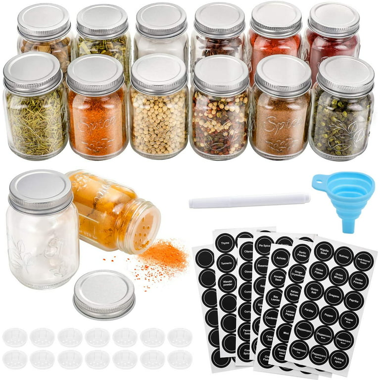 Spice Jars, 20 Pcs Glass Spice Jars with Label, Spices  Container Set, Spice Jars Glass Empty 4 oz, Round Spice Bottles, Seasoning  Bottles Included Chalk Marker and Silicone Collapsible Funnel