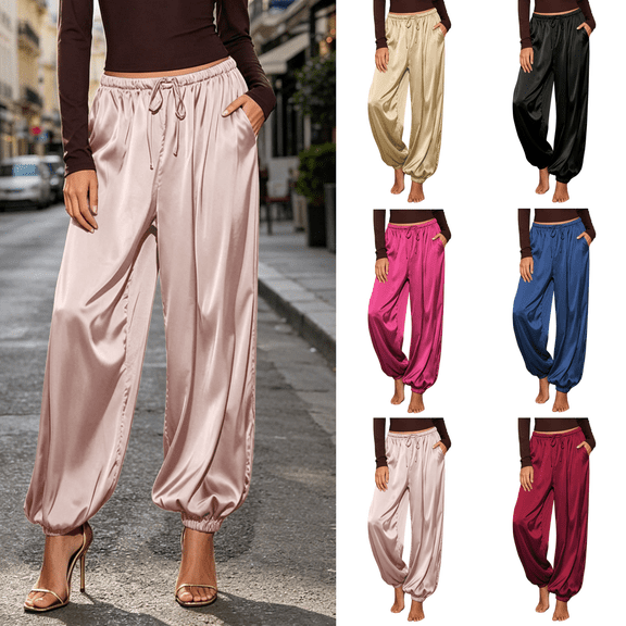 Yuanlook Women's Satin Drawstring Jogger Pants, Elastic Cuff Loose Fit Silky Trousers for Loungewear Daily Going‑Out S‑XXXL