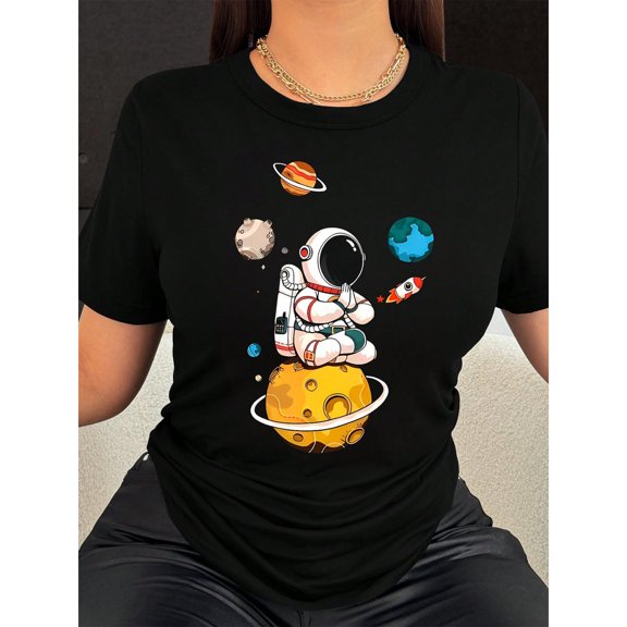 Astronaut T Shirt Cartoon Print Graphic Tee Breathable Home Short Sleeve Round Neck Black S-5XL