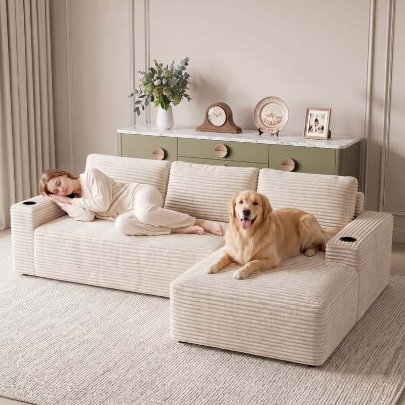 Anpport 104" Boneless Cloud Modular Sectional Couch, Corduroy Sofa with Cup Holders, Side Pockets, Deep Seat, No Assembly Required for Living Room, White (R‑Shaped, Right Facing Chaise)