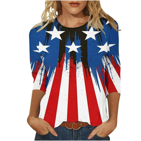 Women's Plus Size 3/4 Sleeve Tops for Independence Day Fashion American Flag Star Stripes Graphic Tee Shirts Summer Casual Dressy Crewneck T-Shirts Cute Memorial Day Patriotic Tunic Blouses