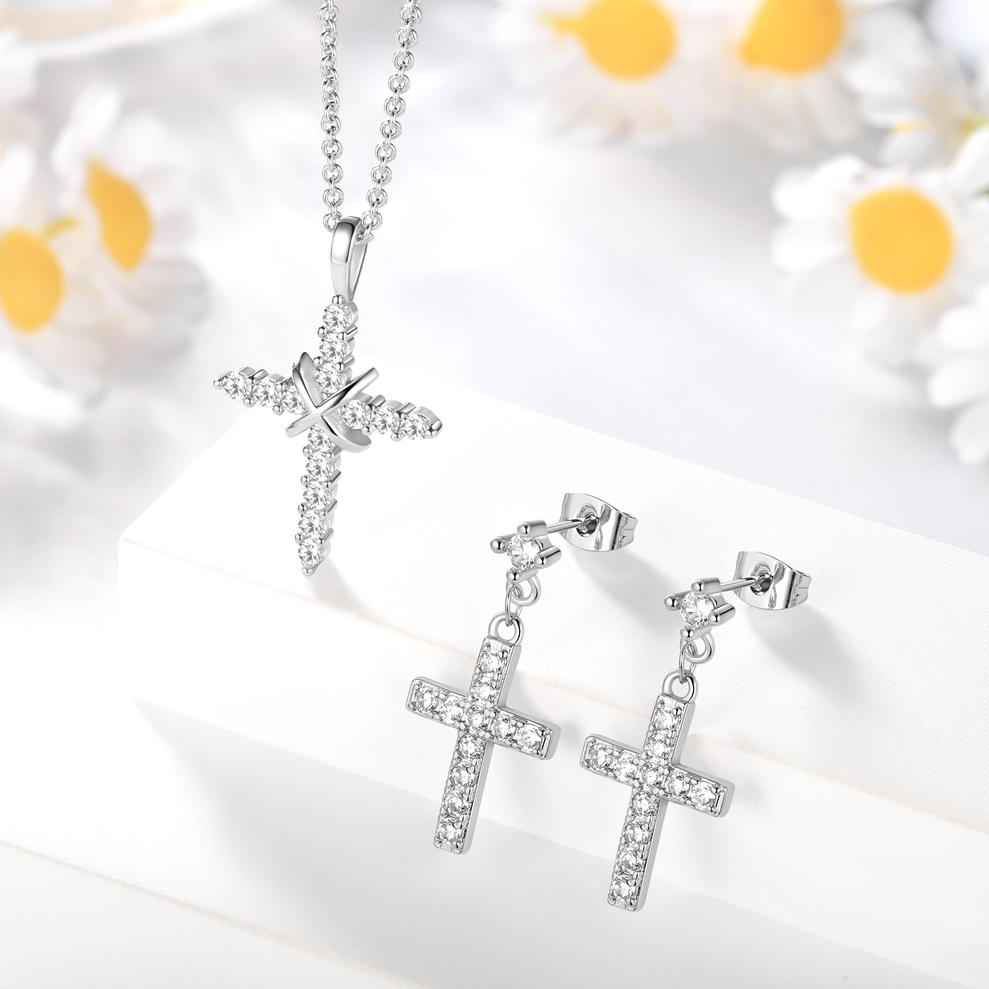 Ydou 14K White Gold Plated Cross Necklace and Earring Set for Women - Cubic Zirconia Faith Jewelry Sets with Cross Pendant Stud Earrings for Women Mom Birthday Aniversary Gift