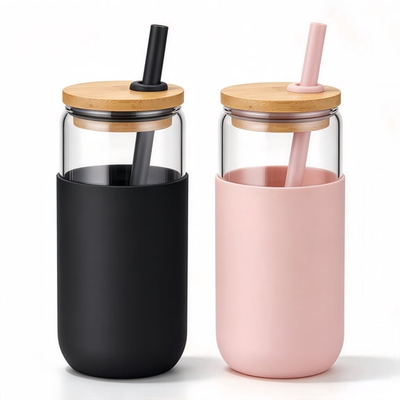 Glass Tumbler with Bamboo Lid, Silicone Straw and Insulated Silicone Sleeve, Reusable Cup for Iced Coffee, Tea and Cold Drinks