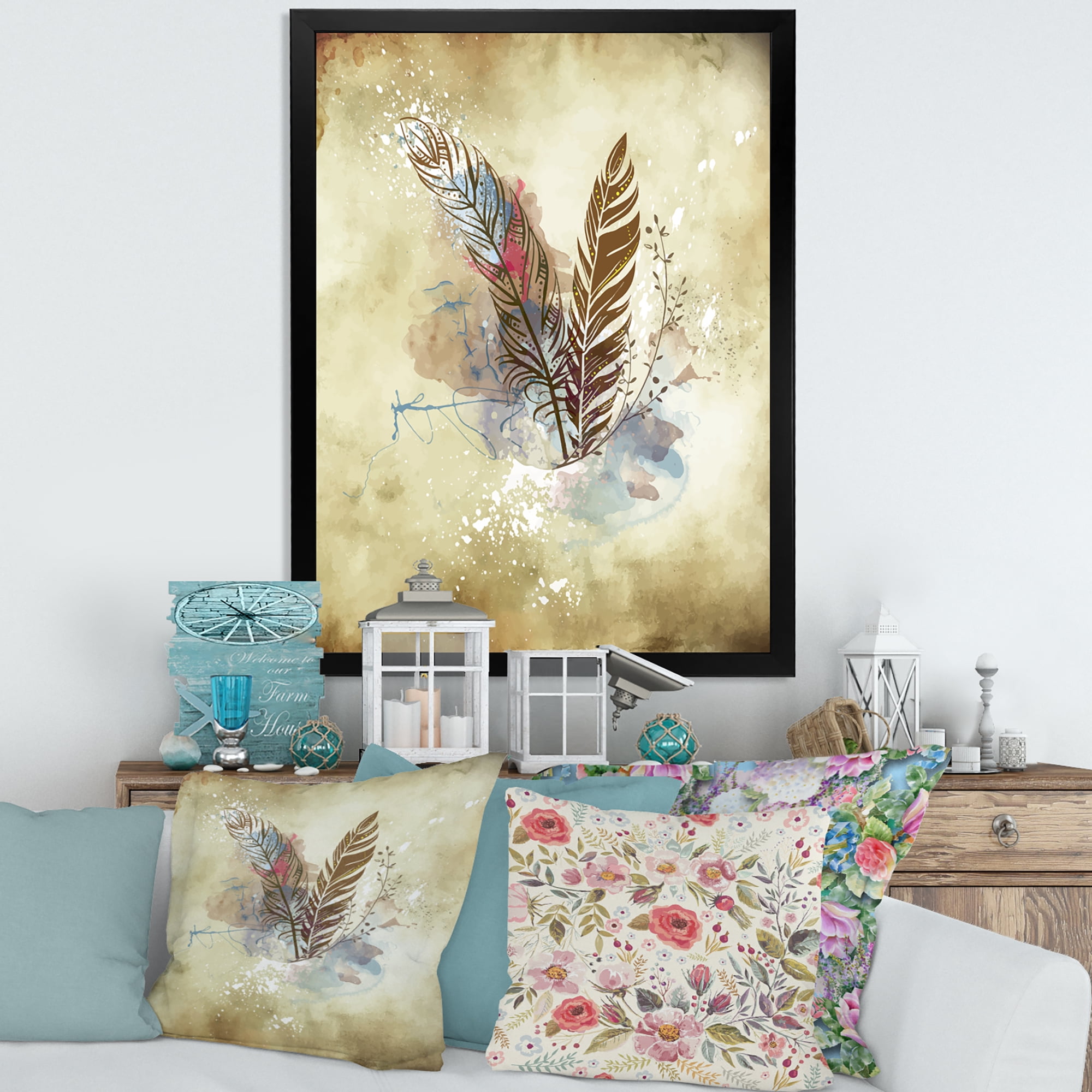 Designart 'Beige Vintage Flowers' Vintage Framed Art Print