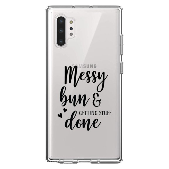 DistinctInk Clear Shockproof Hybrid Case for Galaxy Note 10 PLUS (6.8" Screen) - TPU Bumper Acrylic Back Tempered Glass Screen Protector - Messy Bun & Getting Stuff Done