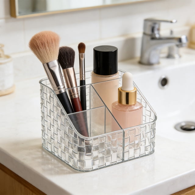 Boîte de Rangement Cosmétique Gris Clair avec Couvercle, Organisateur à Compartiments pour Rouges à Lèvres, Pinceaux à Lèvres et Articles Divers, Organisateur de Maquillage de Bureau en Plastique, 18,5 x 15 x 12 cm