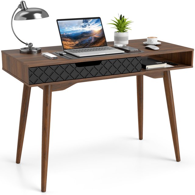 Gymax Mid-Century Modern Computer Desk w/ Drawer & Open CompartmentRubber Wood Legs