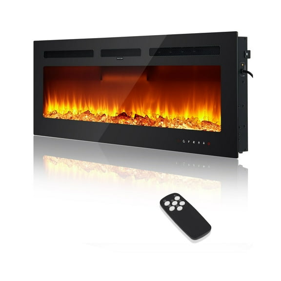 60" Electric Fireplace in-Wall Recessed and Wall Mounted with Remote Controls 12 Realistic 3D Flame Colors, 750/1500 W Heater with Timer Adjustable Flame Color and Brightness, Log and Crystals