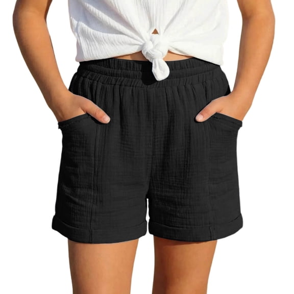 Lullu Girls Summer Linen Shorts Casual Pull On Breathable Shorts with Pockets, Sizes 4-17
