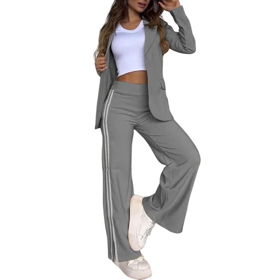 2 Pcs/Set Lady Formal Coat Pants Set Turn-down Collar Long Sleeves Jacket Loose Striped Wide Leg Trousers Casual Daily Wear Commuting Outfit