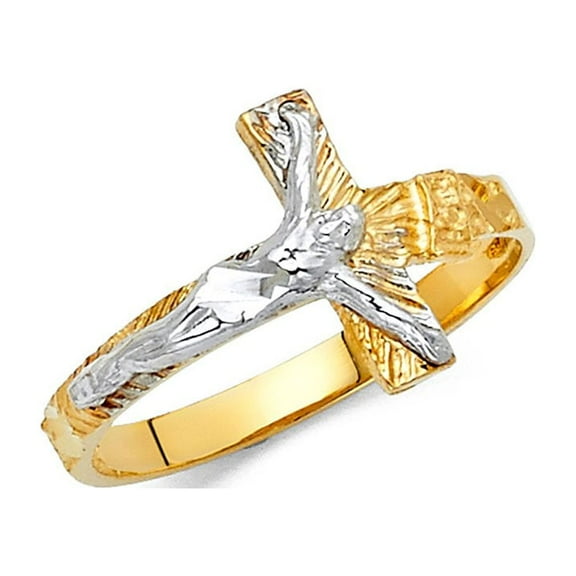 14k Two Tone Solid Italian Gold Religious Crucifix Jesus Christ 13mm Ring
