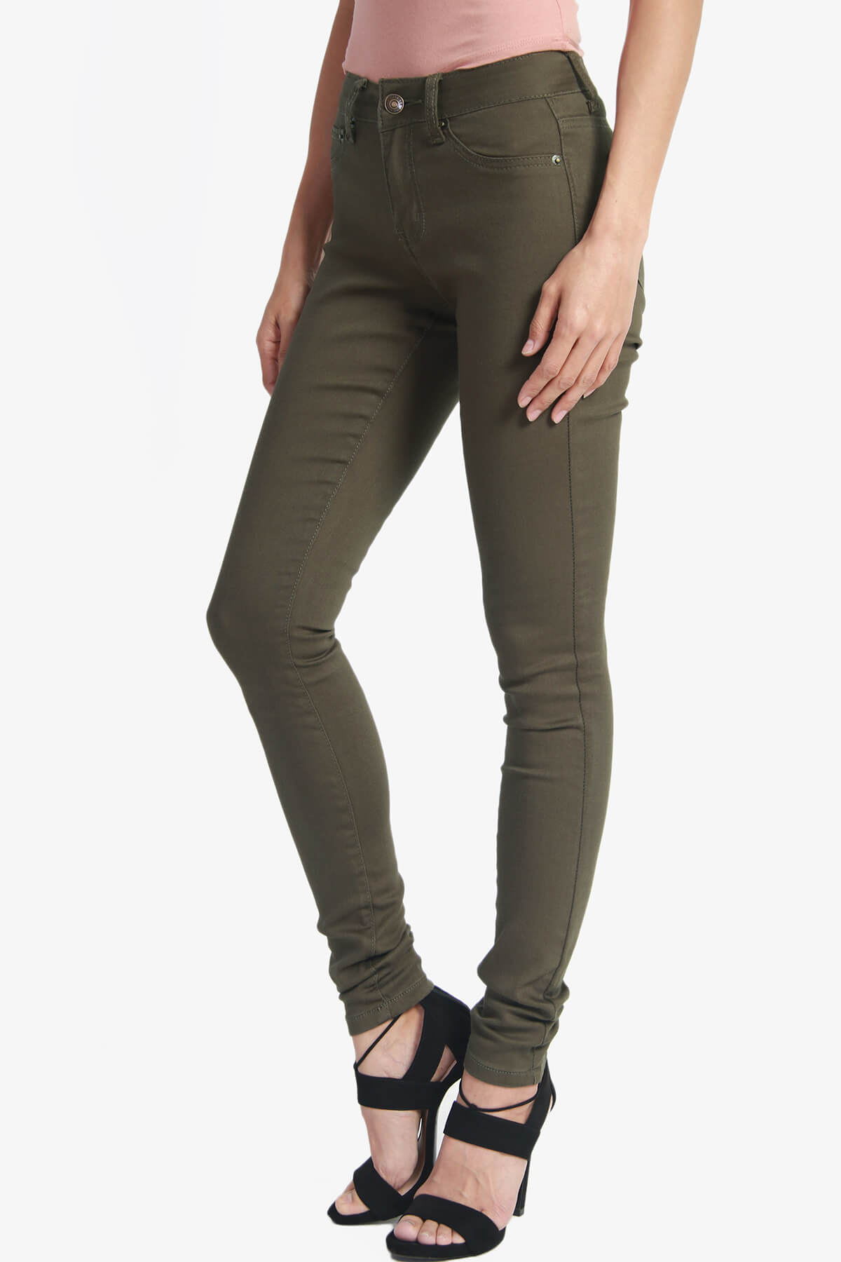 TheMogan Women's Army Olive Green 5 Pocket Stretch Denim Low Rise Skinny Jeans - image 3 of 7