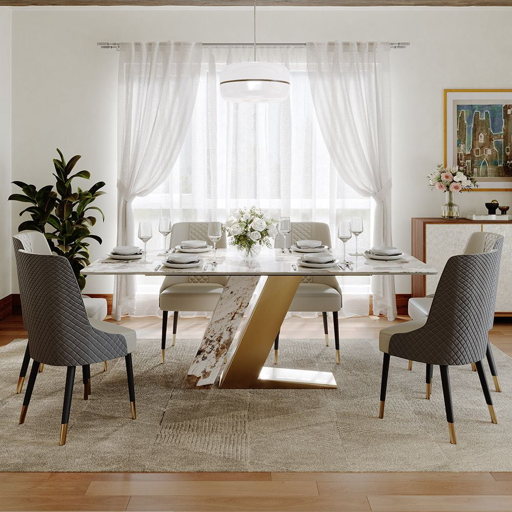POVISON-71"Modern Luxury Gold Rectangular Dining Table for 4-6, Glossy Sintered Stone Tabletop, White and Gold Z-shaped Stainless Steel Base