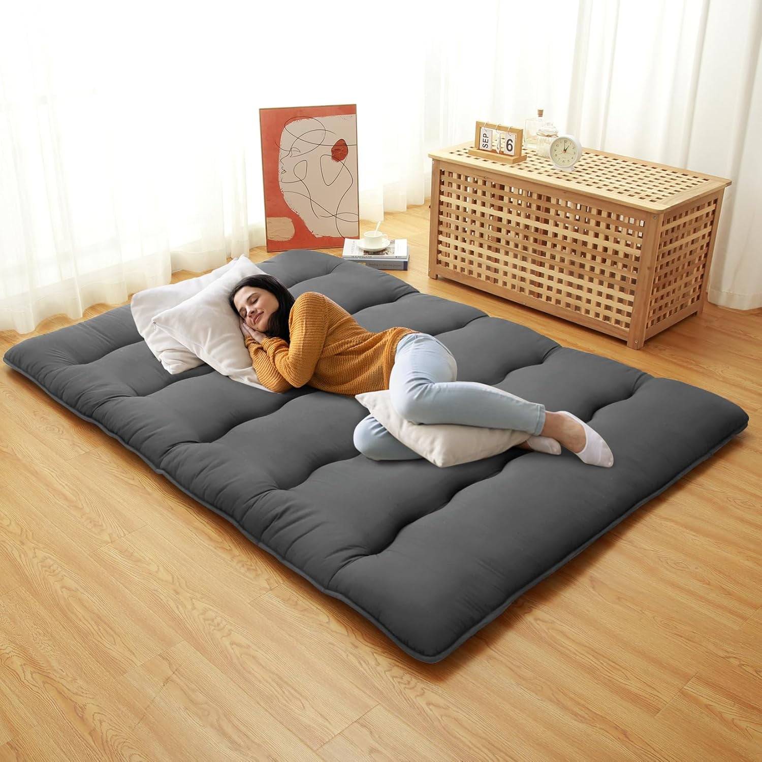 Trilenars Japanese Futon Mattress FULL Size,Floor Mattress for Adults Futon Floor Mat Foldable Sleeping Mattress,Tatami Mat,Camping Pad,Wave Dark Grey