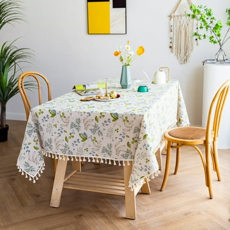 

Floral Botanical Print Tassel Tablecloth Retro Flower Leaf Cotton Linen Rectangle Square Table Cover Kitchen Dining Room 55x70 inch