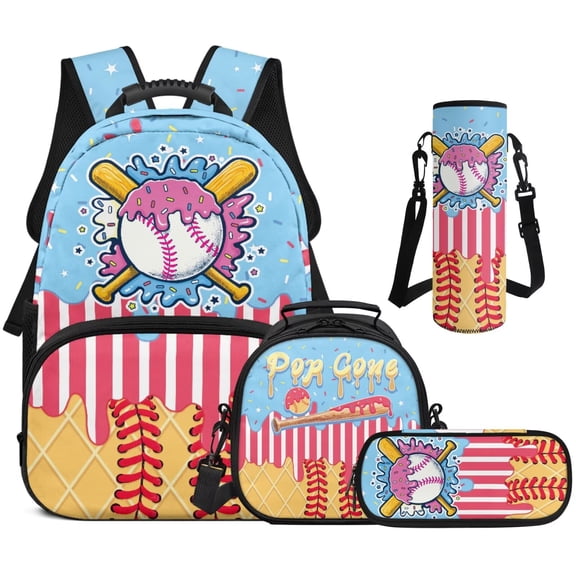 Binienty Dripping Donut Baseball Kids Backpack Lunch Box Set For Grade Students Girls 4-In-1 Lightweight Bookbag Lunchbag Pen Pouch Back To School Gifts For Kids