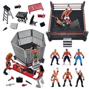 32-Piece Wrestling Toys - Wrestler Warriors Toys with Ring & Realistic Accessories - Fun Miniature Fighting Action Figures Includes 2 Rings - Great Gift