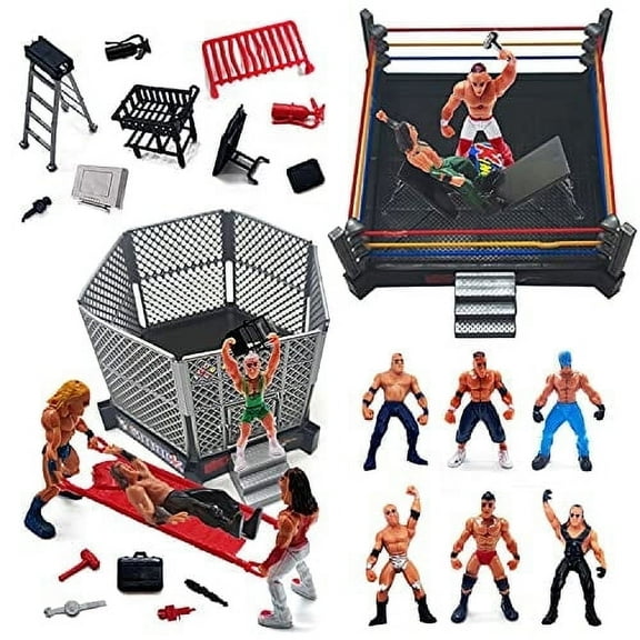 32-Piece Wrestling Toys - Wrestler Warriors Toys with Ring & Realistic Accessories - Fun Miniature Fighting Action Figures Includes 2 Rings - Great Gift