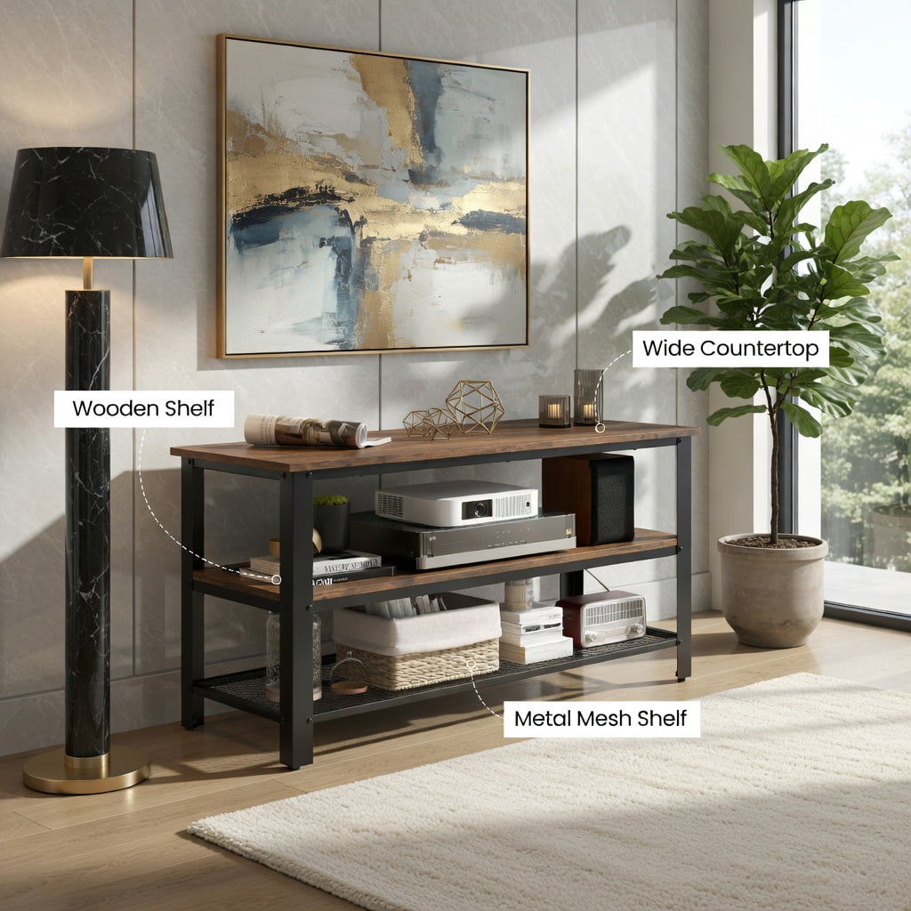 Demi Bonn 3-Tier Industrial TV Stand with Metal Mesh Shelf, Media Entertainment Center with Storage for Living Room, Brown