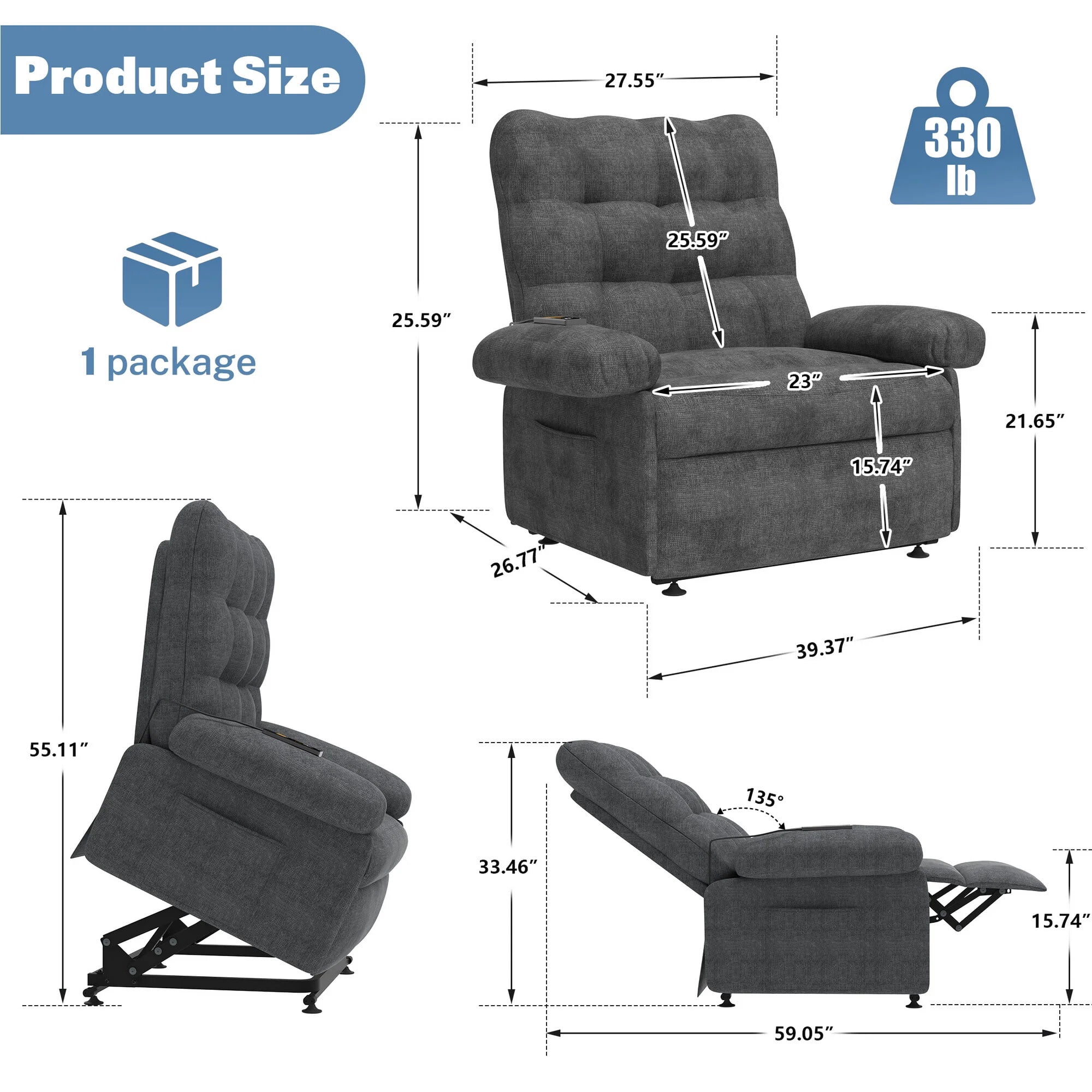 Power Lift Recliner for Elderly and Adults, HSUNNS Heavy Duty Electric Lift Chair with Side Pockets, Recliner Chair with Anti-slip Function, recliner on sale or clearance, Grey