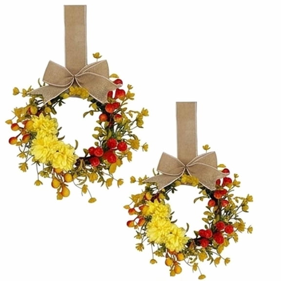 2 Pack 9" Mini Eucalyptus Wreath Artificial Spring Wreath for Front Door, Farmhouse Kitchen Cabinet with Ribbon Bows for Porch Wall Window Decor, Gifts for Autumn Thanksgiving