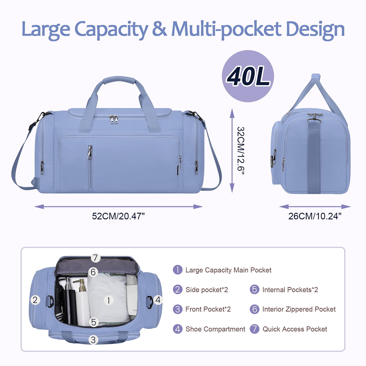 XUEYU Gym Duffle Bag Backpack Waterproof Sports Duffel Bags Travel Weekender Bag for Men Women Overnight Bag with Shoes Compartment Blue