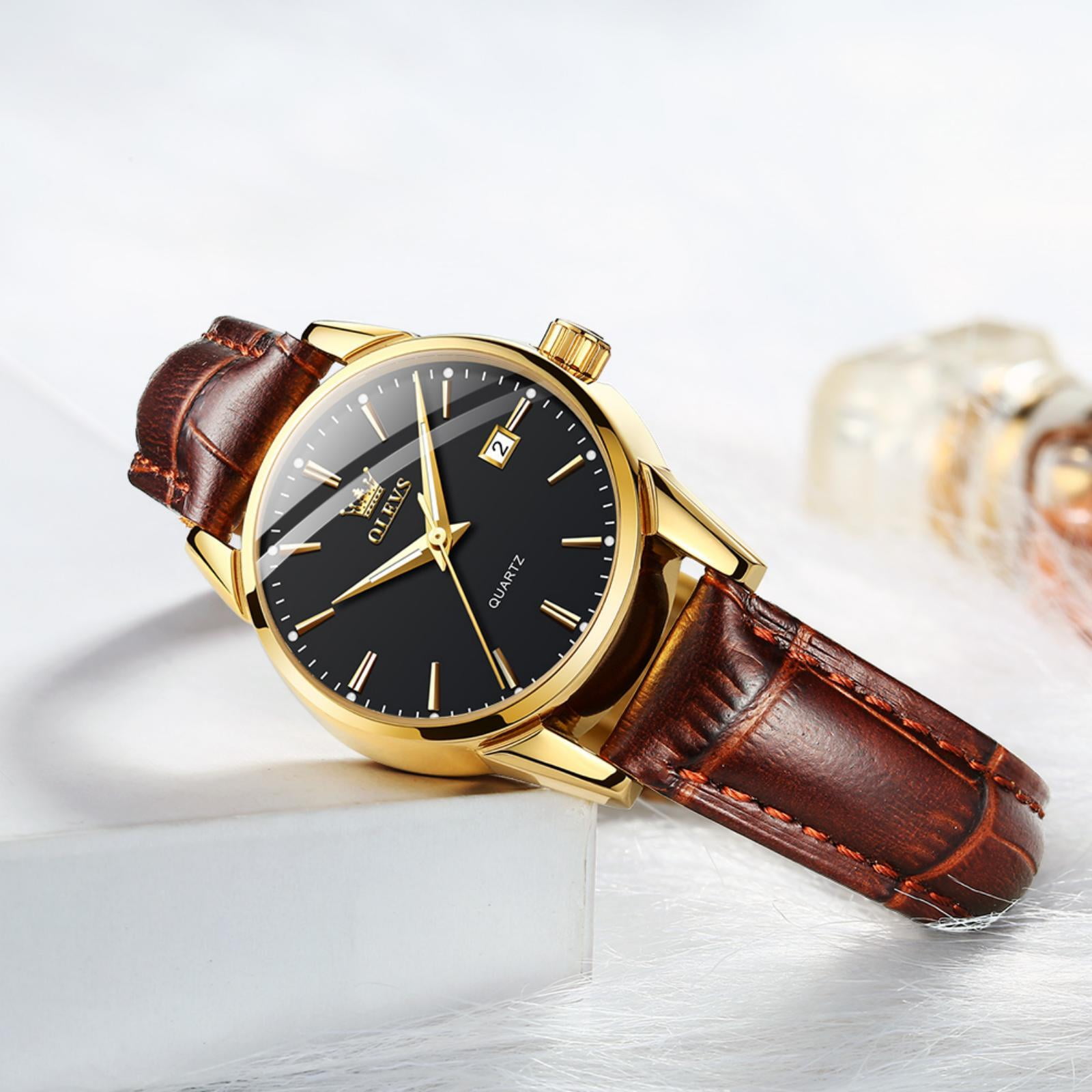 OLEVS Watches for Women Luxury Dress Analog Quartz Easy Read Digital Date Classic Luminous Brown Leather Strap Waterproof Female Wrist Watches Relojes para Mujer