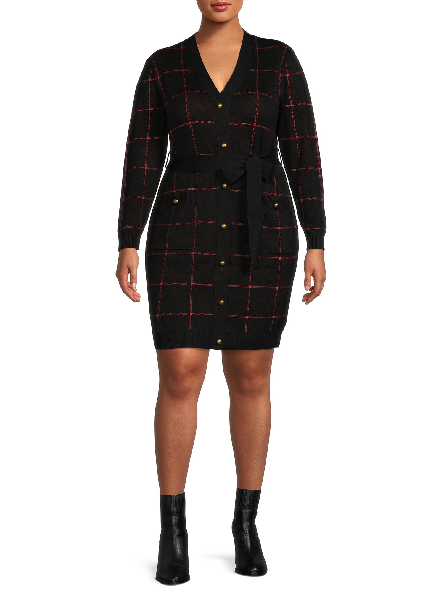 Heart N Crush Heart N' Crush Women's Plus Size Belted Plaid Sweater Dress, Size: 1XL, Red