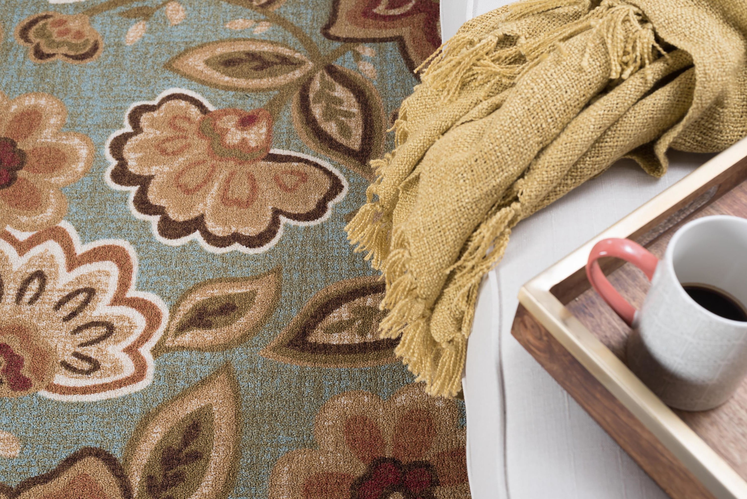 Transitional 7x10 Area Rug (6'7'' x 9'6'') Floral Seafoam, Beige Living Room Easy to Clean