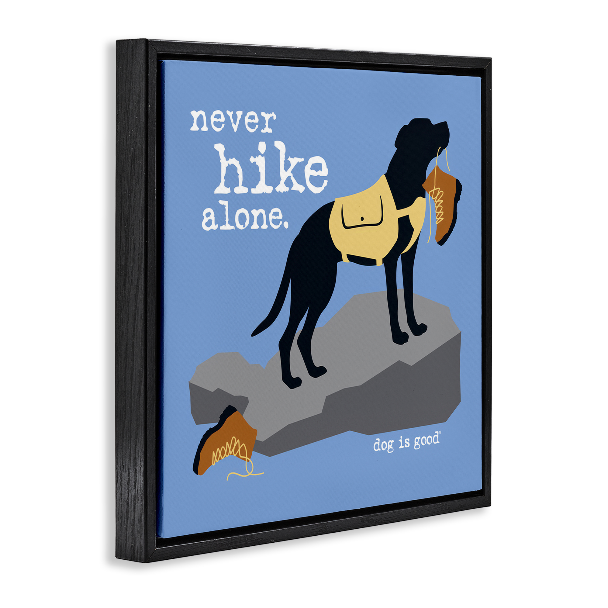 Stupell Industries Never Hike Alone Dog Animals Painting Black Floater Framed Canvas Art Print Wall Art, 25 x 25