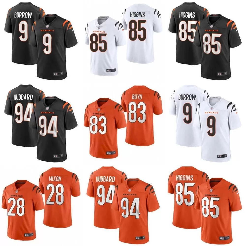 20J Jerseys de football hommes femmes jeunes Cincinnati''Bengals''Jersey 9  Joe Burrow 28 Joe Mixon 83 Tyler Boyd 85 Tee Higgins 94 Sam Hubbard 