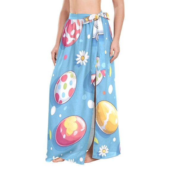 FORMRS Womens Long Sarong Beach Wrap Semi-Sheer Bikini Skirt Bathing Swimsuit Cover Up, Easter Bunny Pattern