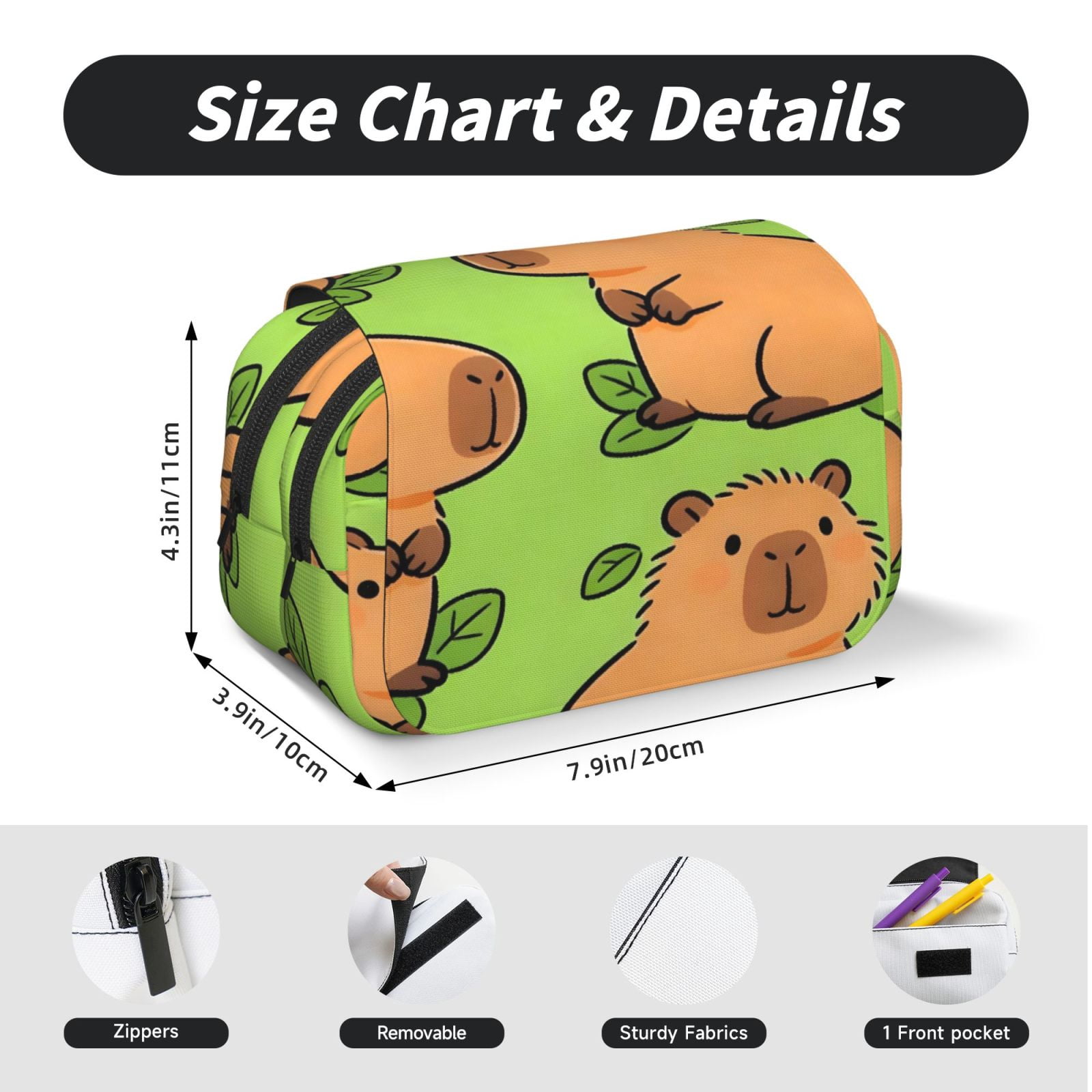 Large-Capacity Flip-Top Double-Layer Pencil Case, Multi-Functional Pocket Pen Case, Durable Stationery Organizer Capybara Leaves
