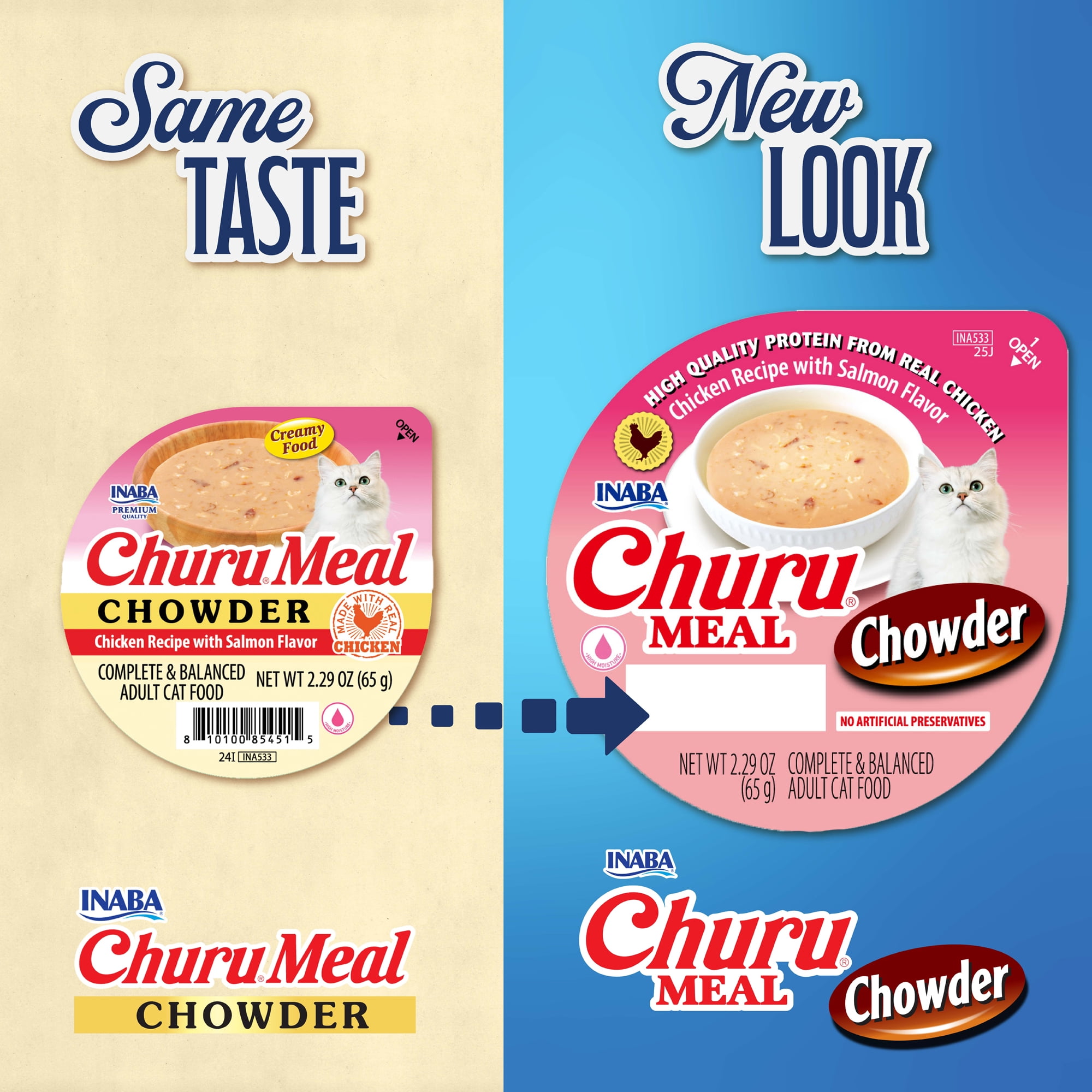 (6 pack) INABA Churu Meal Chowder Adult Wet Cat Food, 2.29 oz cup, Chicken Recipe with Salmon Flavor