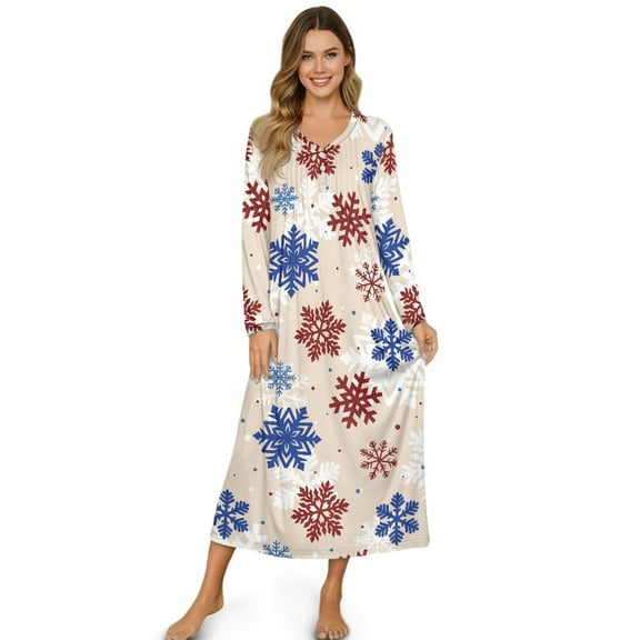 SEANATIVE Long Sleeve Nightgown for Women Cozy Full Length Bedroom Pajama Dress, Soft Sleepshirt Button Front Sleepshirt Nightshirts, S, Snowflake Beige