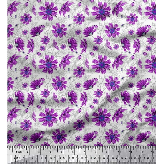 Soimoi Rayon Fabric Leaves & Cosmos Floral Print Fabric by the Yard 56 Inch Wide