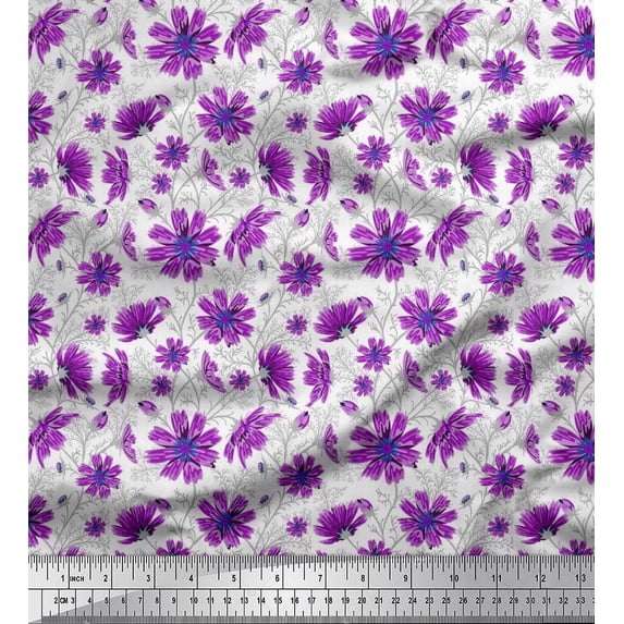 Soimoi Poly Georgette Fabric Leaves & Cosmos Floral Print Sewing Fabric Yard 42 Inch Wide