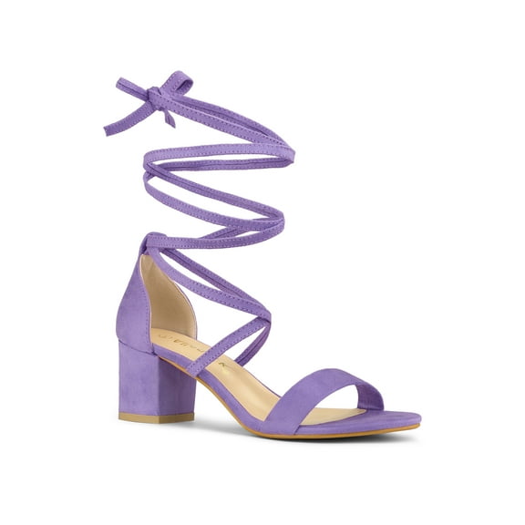 BLISSFUL STEP Women's Shoes Lace-Up Chunky Heel Open Toe Cross Strap Sandals Purple 7.5