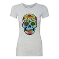 thumbnail image 2 of Colorful Floral Sugar Skull Streetwear Womens Slim Fit Junior Tee, Heather Grey, Large, 2 of 3