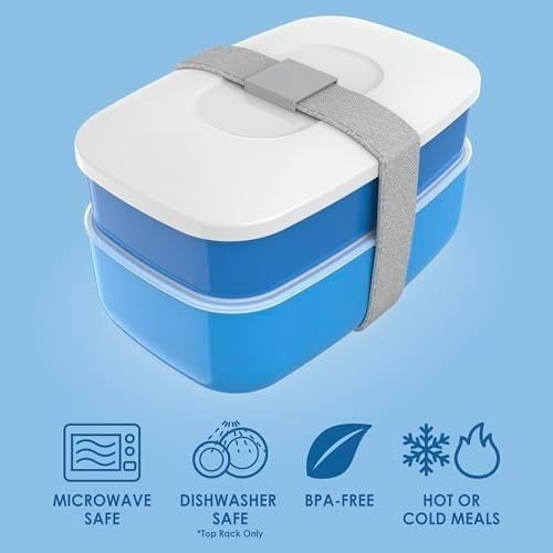 Classic - Adult Bento Box, Stackable 3-Compartment Lunch Box with Removable Utensil Set and Sealing Strap, BPA-Free, Food Container Ideal for Meal Prep, Work, and On the Go (Blue)