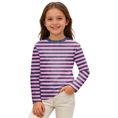 WOYY Girls Stripe Long Sleeve T-Shirt Crew Neck T Shirt Casual Unisex Tshirt Sizes 3-14