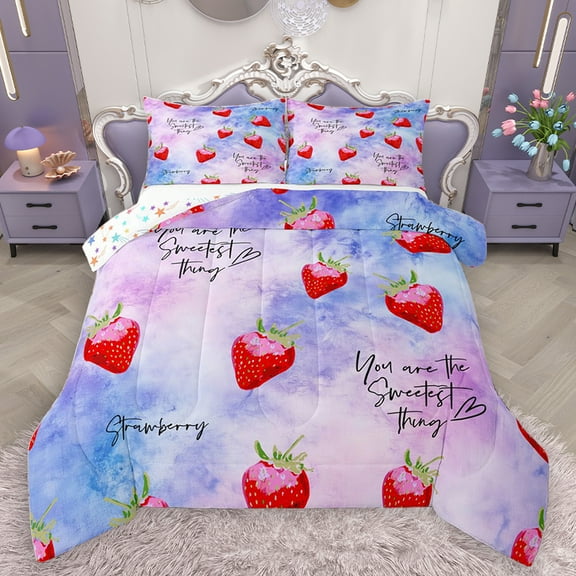 Homewish Teens Cartoon Strawberry Bedding Comforter Set, Dreamy Cartoon Twin Comforter Sets, Blue Purple Watercolor Reversible Bedding Set, Breathable Home Decor, 2-Piece