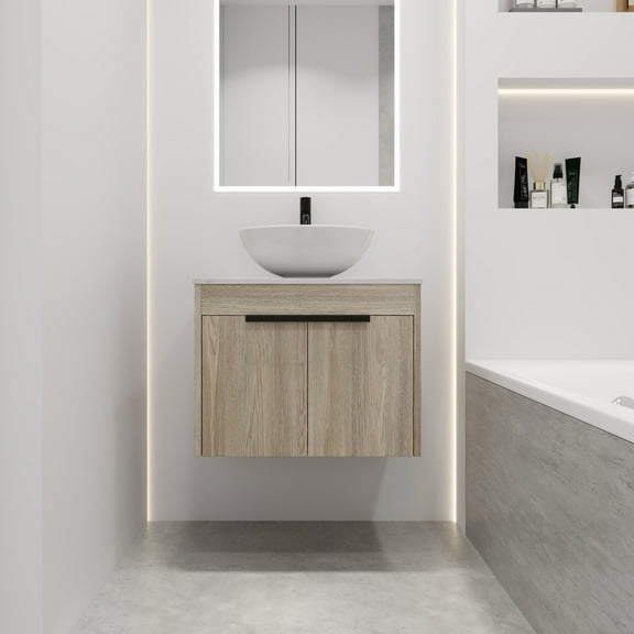 Noble House 24" Floating Bathroom Vanity, Glazed Ceramic Art Sink and Stone Slab, Soft-Close Doors, White Oak