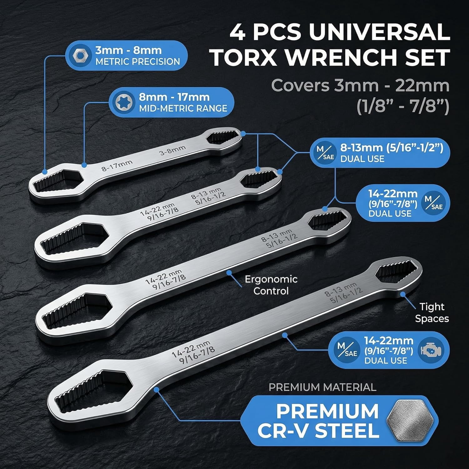 4PCS Universal Double Ended Wrench, Universal Car Torx Wrench,  Adjustable Wrenchs for Outdoor Riding Home Improvement and Automotive Task (4PCS-B)