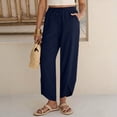 thumbnail image 3 of ZHYou No Boundarie Women's Drawstring Waist Cropped Linen Blend Pants with Pockets Loose Fit Asymmetric Hem Casual Summer Trousers for Daily Wear Navy Size S, 3 of 6