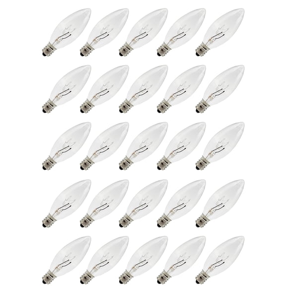25 Pack Replacement Light Bulbs for Electric Window Candles, Candle Lamps, Chandeliers - 7w E12 Candelabra, Clear Torpedo Shape, Steady Burning, 120v 7w Bulb
