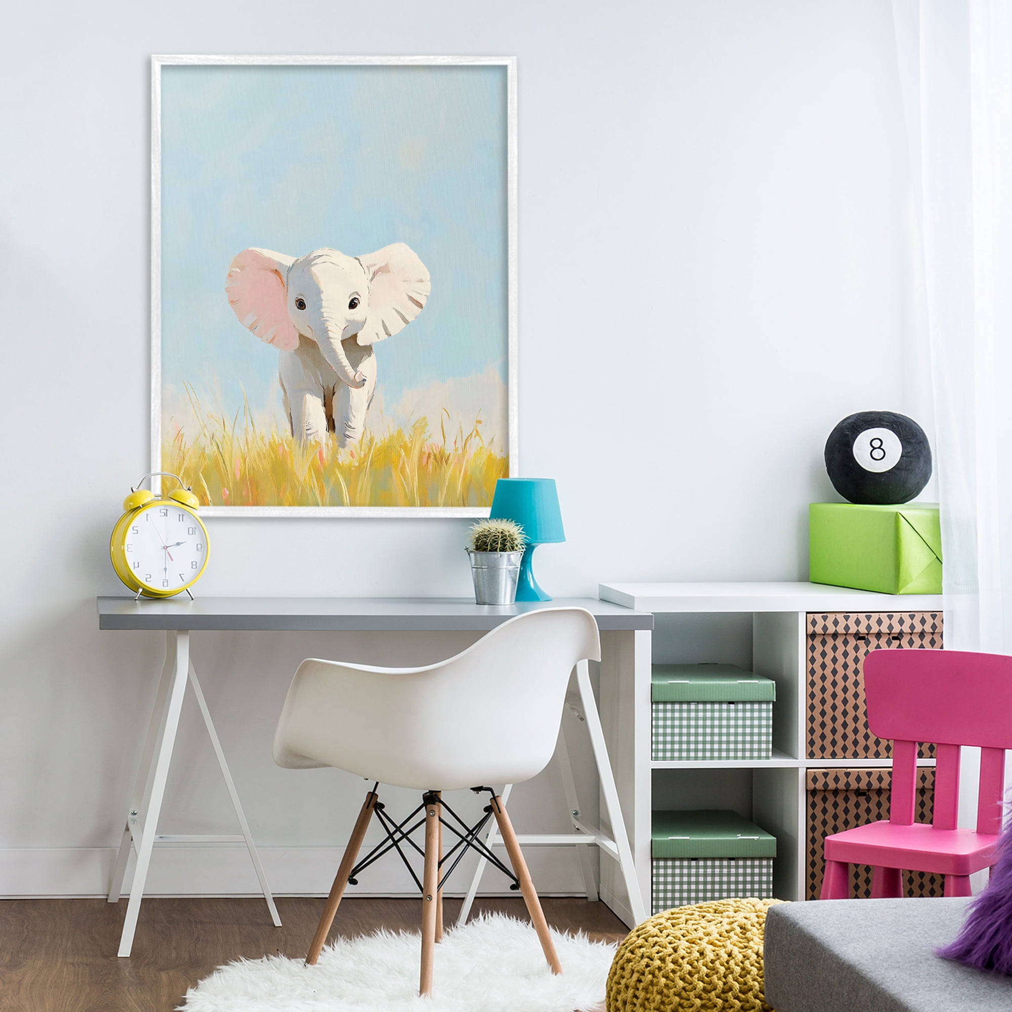 Stupell Industries White Baby Elephant in Grass White Framed Giclee Art, design by The Prints Vibe